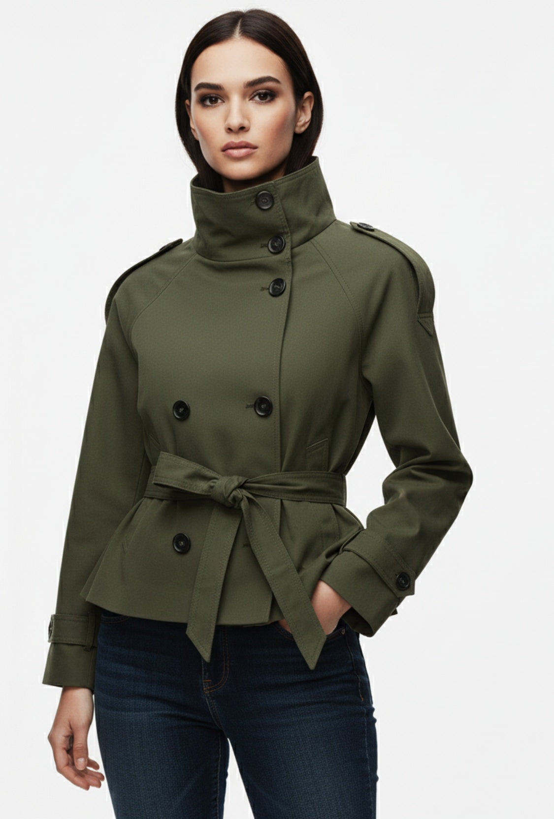 Krótki trencz z paskiem i wysokim kołnierzem o klasycznym kroju