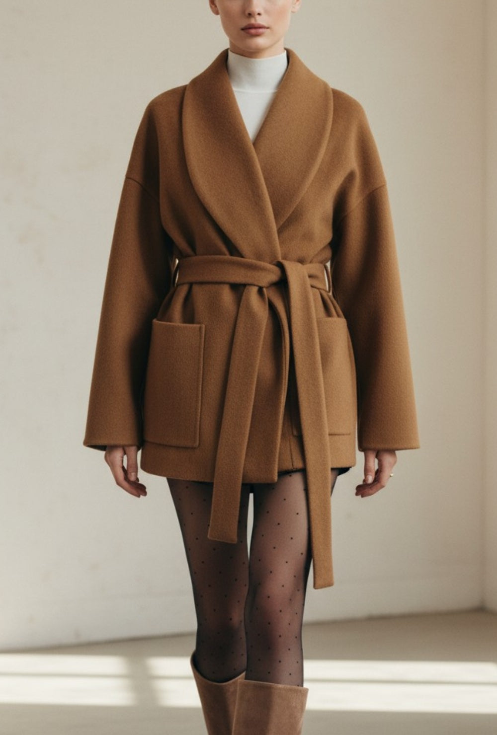 Tweedowy płaszcz z paskiem w talii, szerokim kołnierzem i naszywanymi kieszeniami