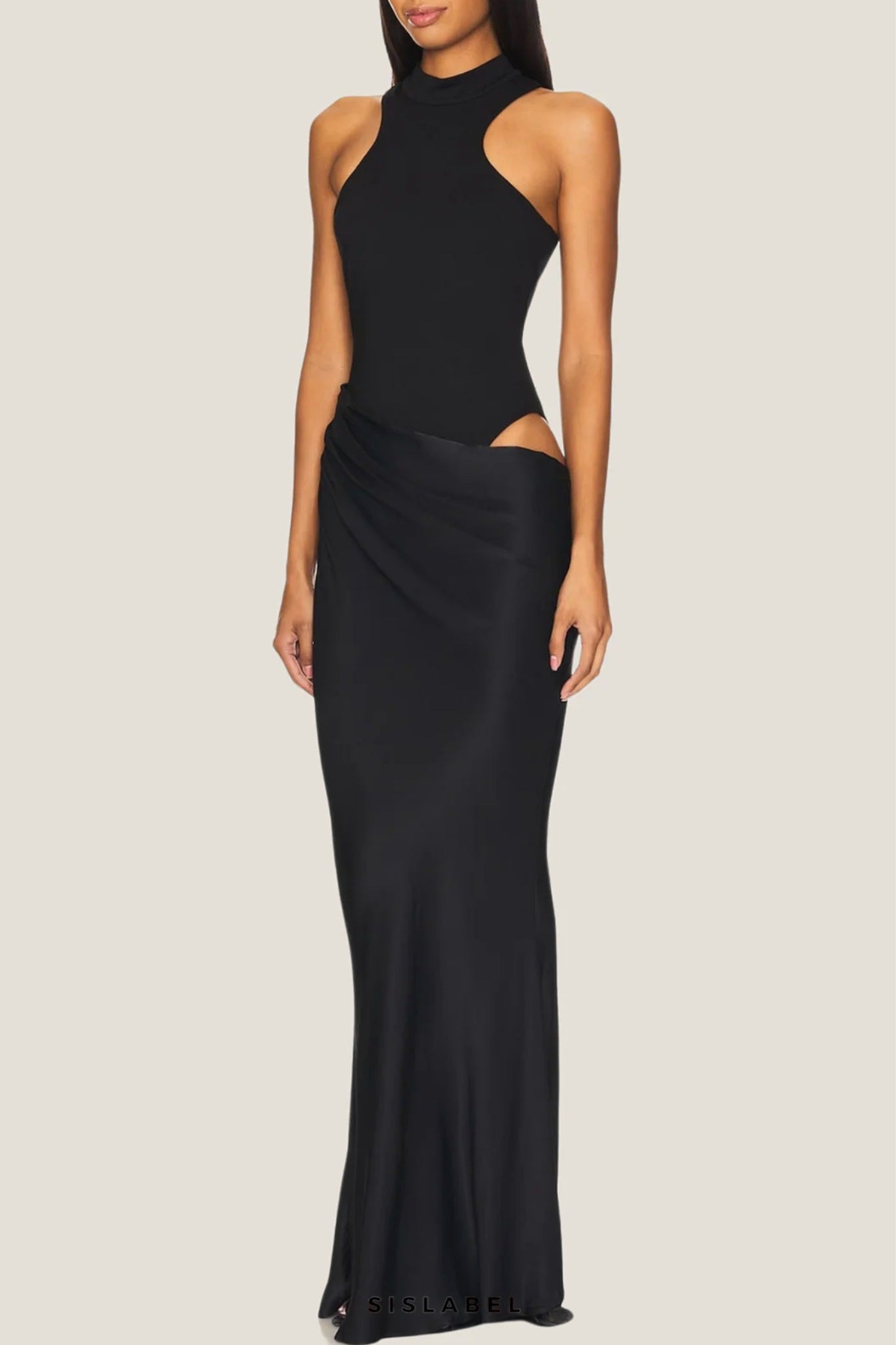 Sukienka maxi bodycon z satynową spódnicą i asymetrycznym topem z wycięciem