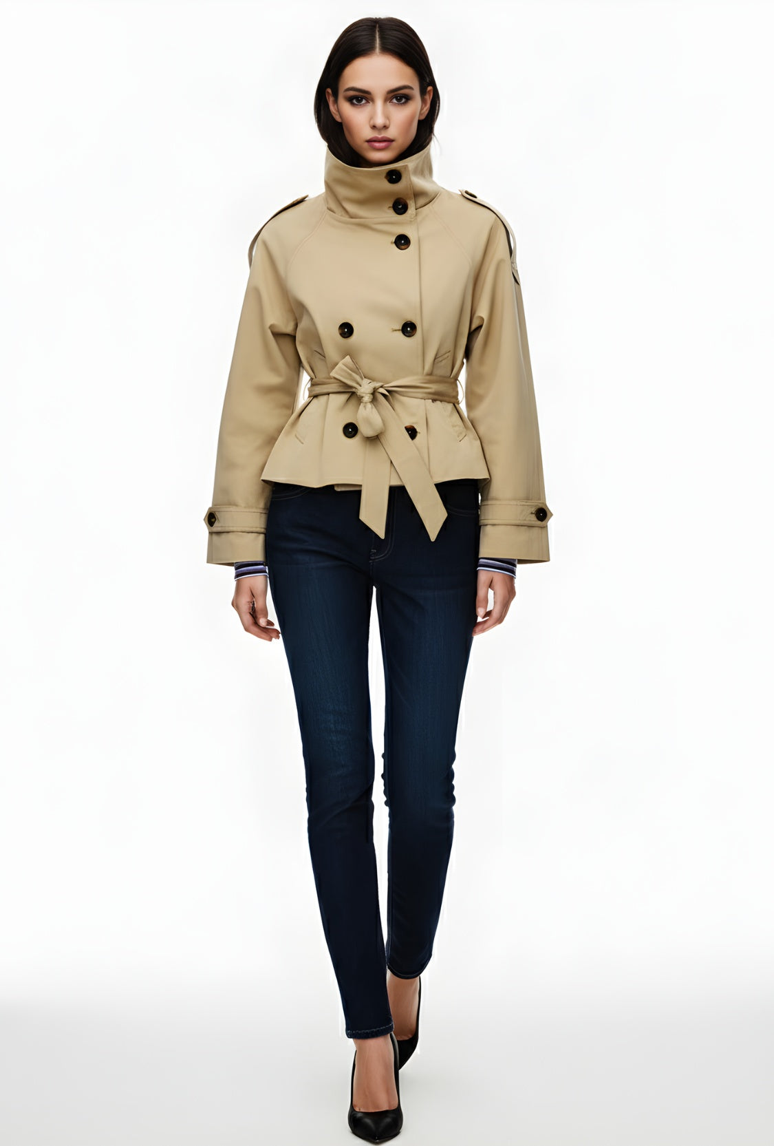 Krótki trencz z paskiem i wysokim kołnierzem o klasycznym kroju