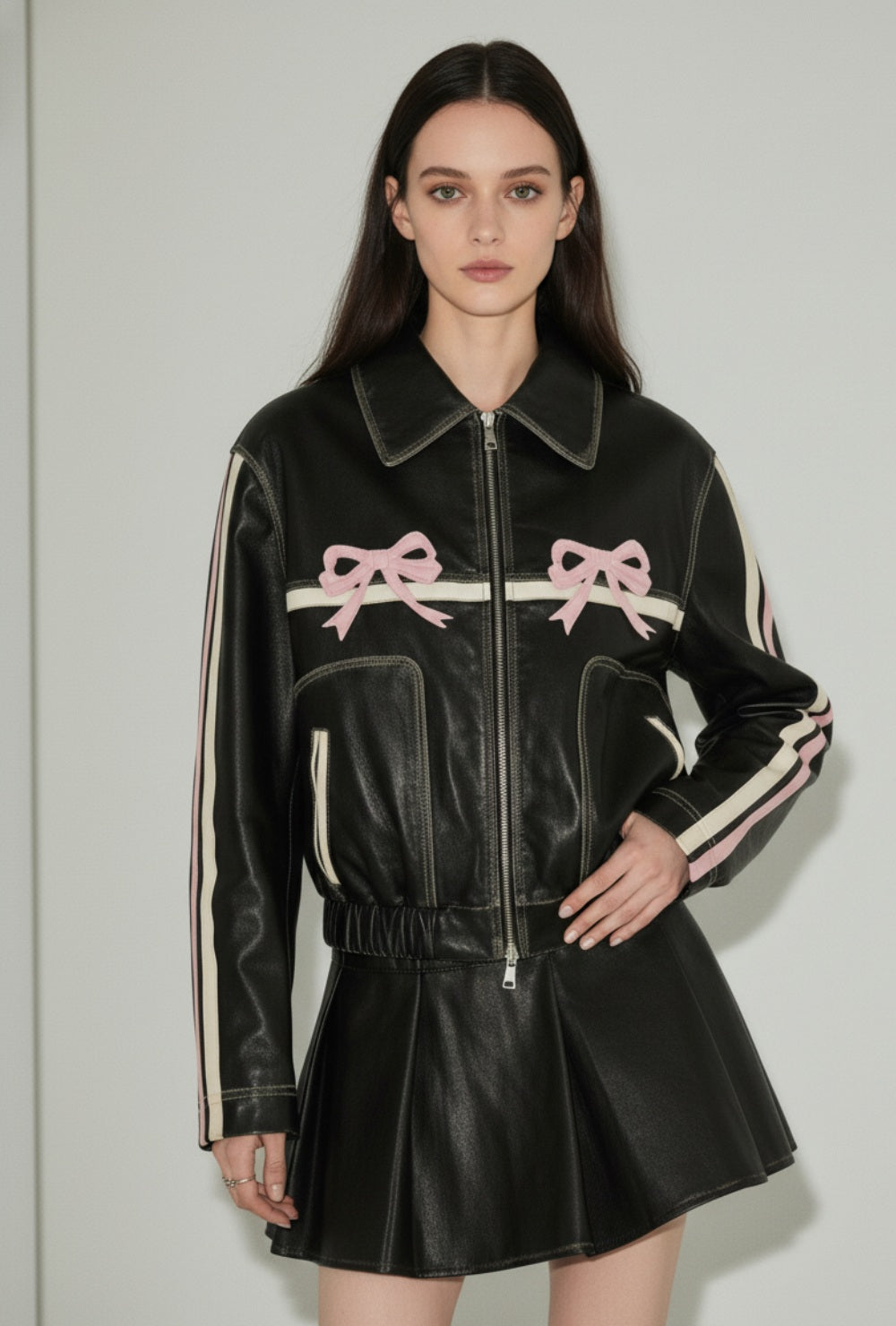 Czarna skórzana kurtka z zamkiem i dekoracyjnymi kokardkami na piersi