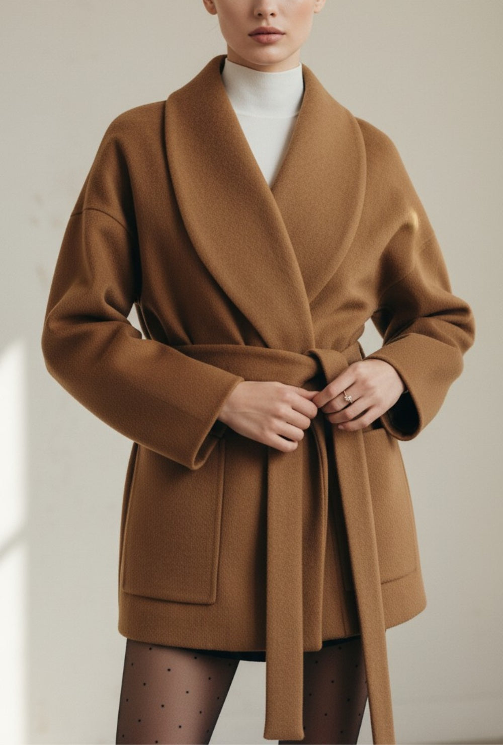 Tweedowy płaszcz z paskiem w talii, szerokim kołnierzem i naszywanymi kieszeniami