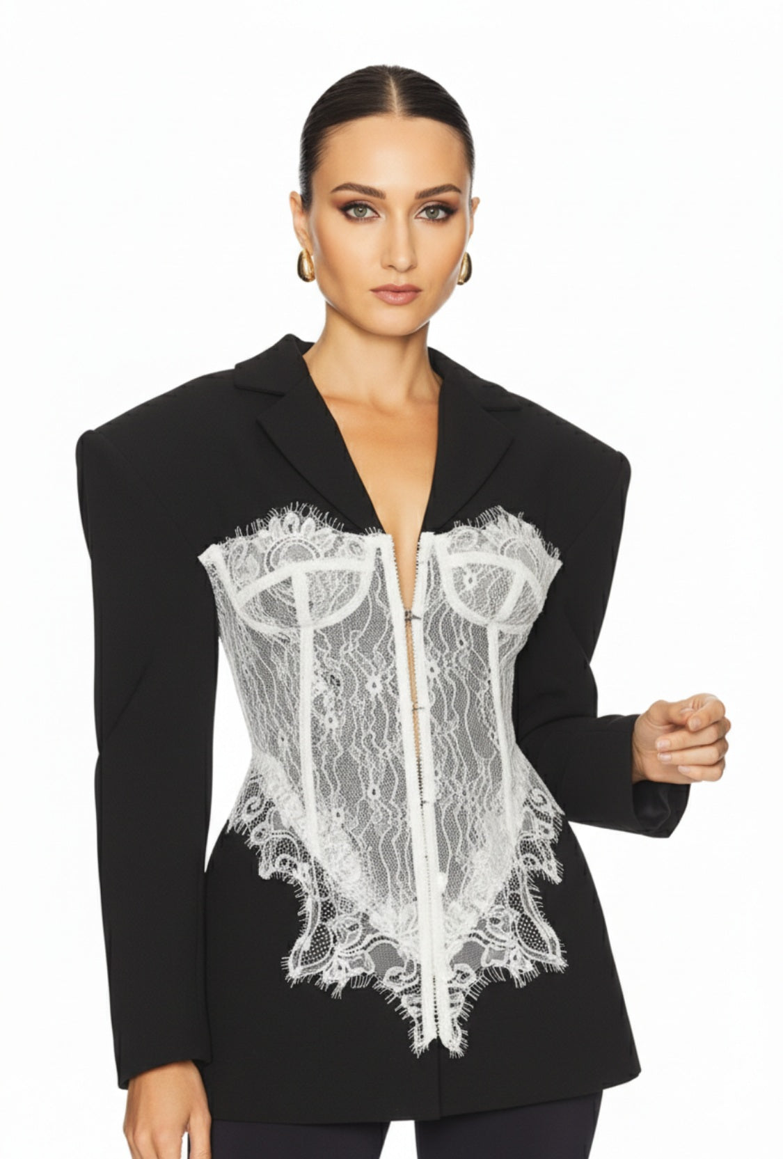 Marynarka z koronkowym gorsetowym panelem i podkreśloną talią