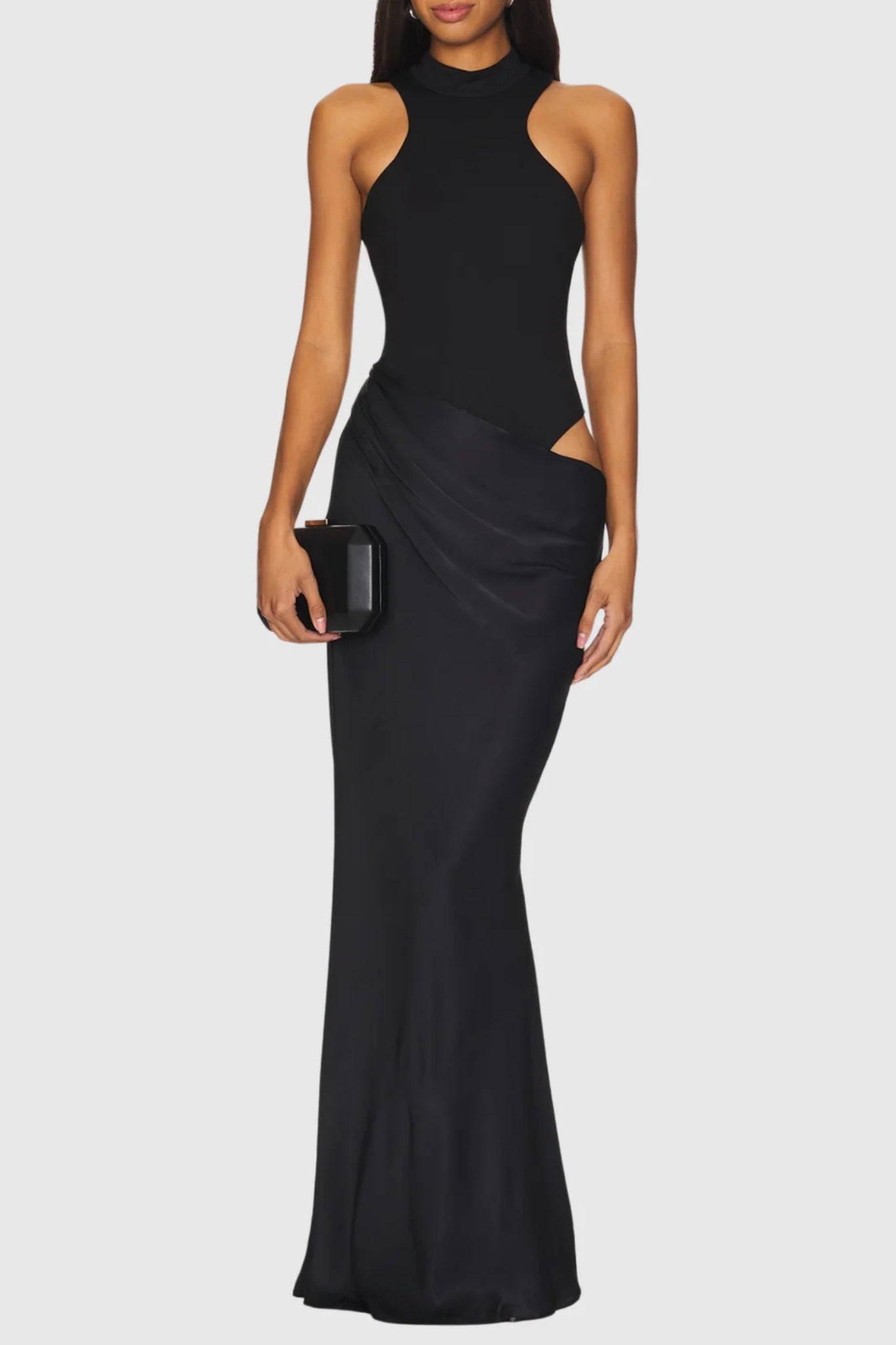 Sukienka maxi bodycon z satynową spódnicą i asymetrycznym topem z wycięciem