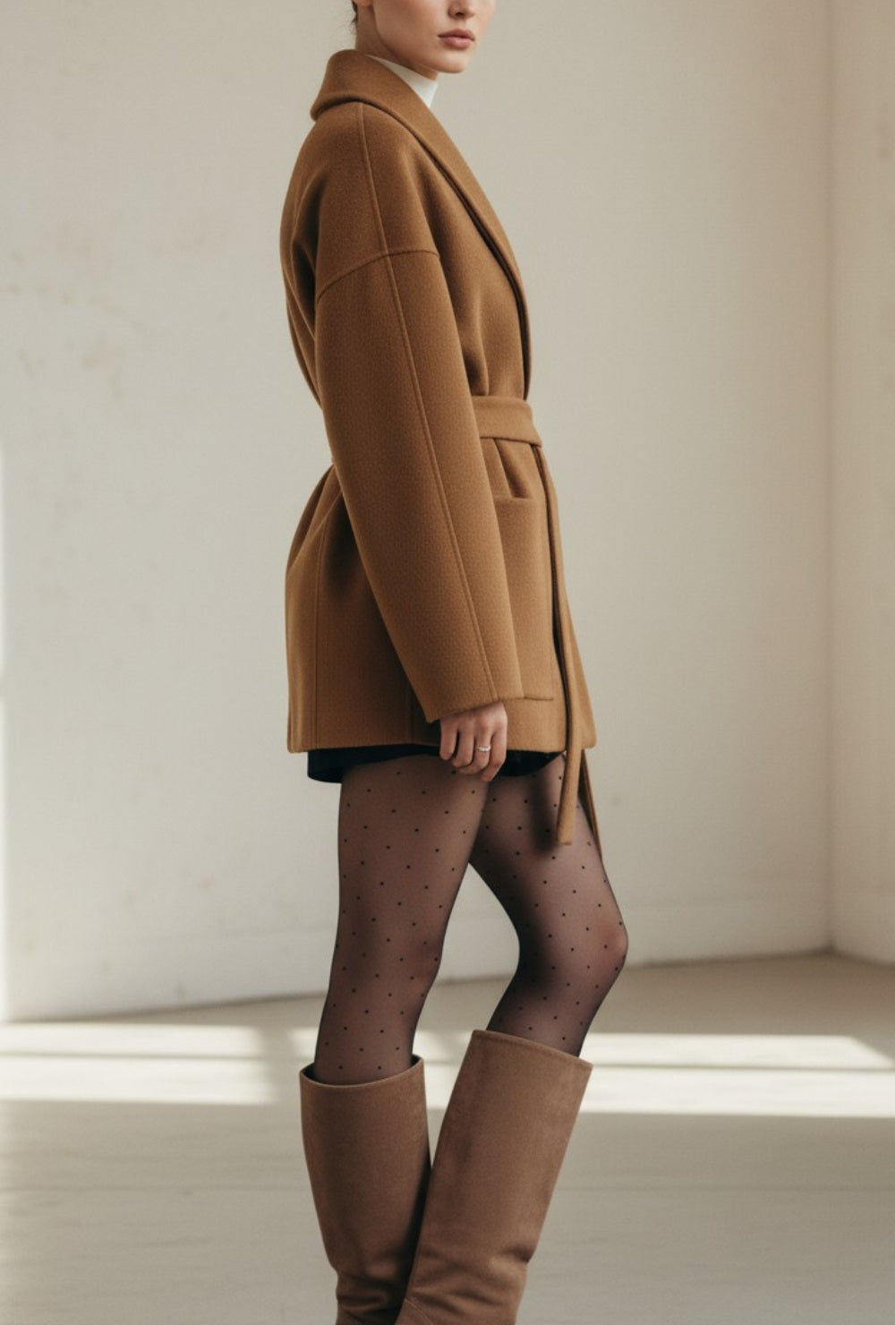 Tweedowy płaszcz z paskiem w talii, szerokim kołnierzem i naszywanymi kieszeniami