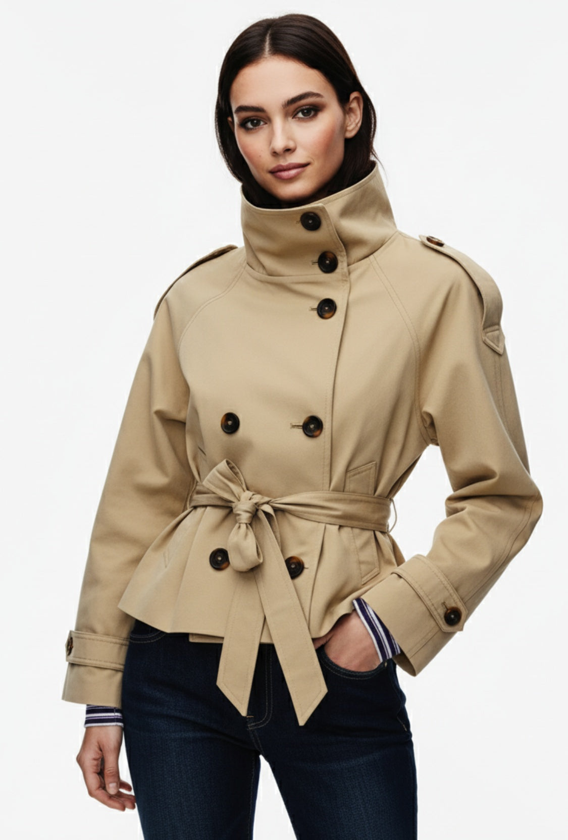 Krótki trencz z paskiem i wysokim kołnierzem o klasycznym kroju