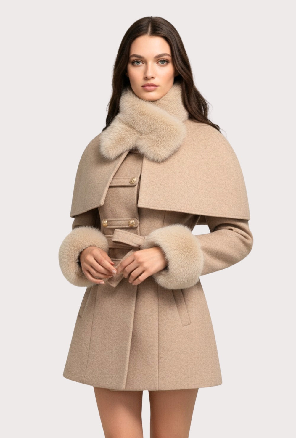 Krótki płaszcz z peleryną i paskiem w talii