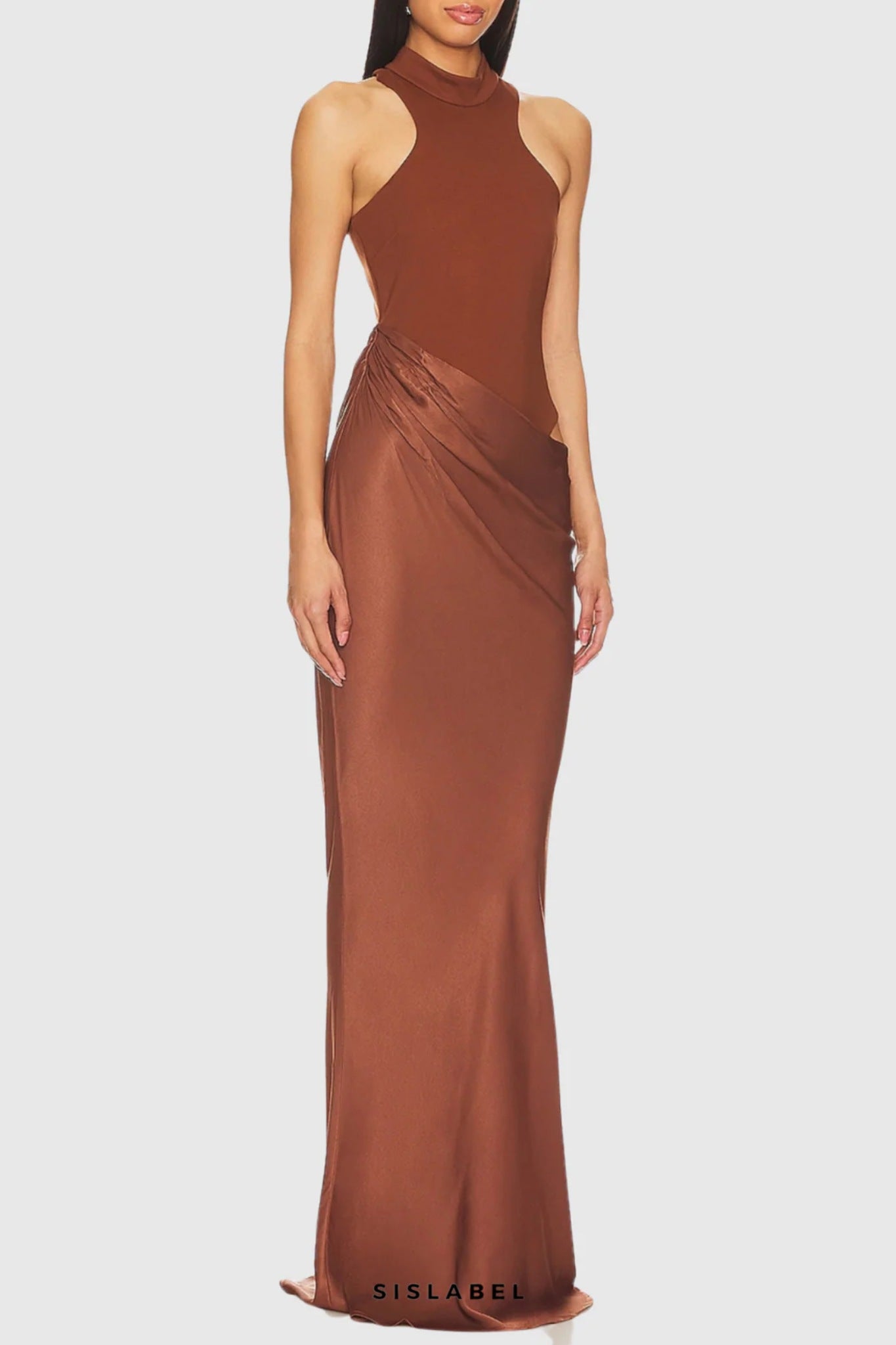 Sukienka maxi bodycon z satynową spódnicą i asymetrycznym topem z wycięciem