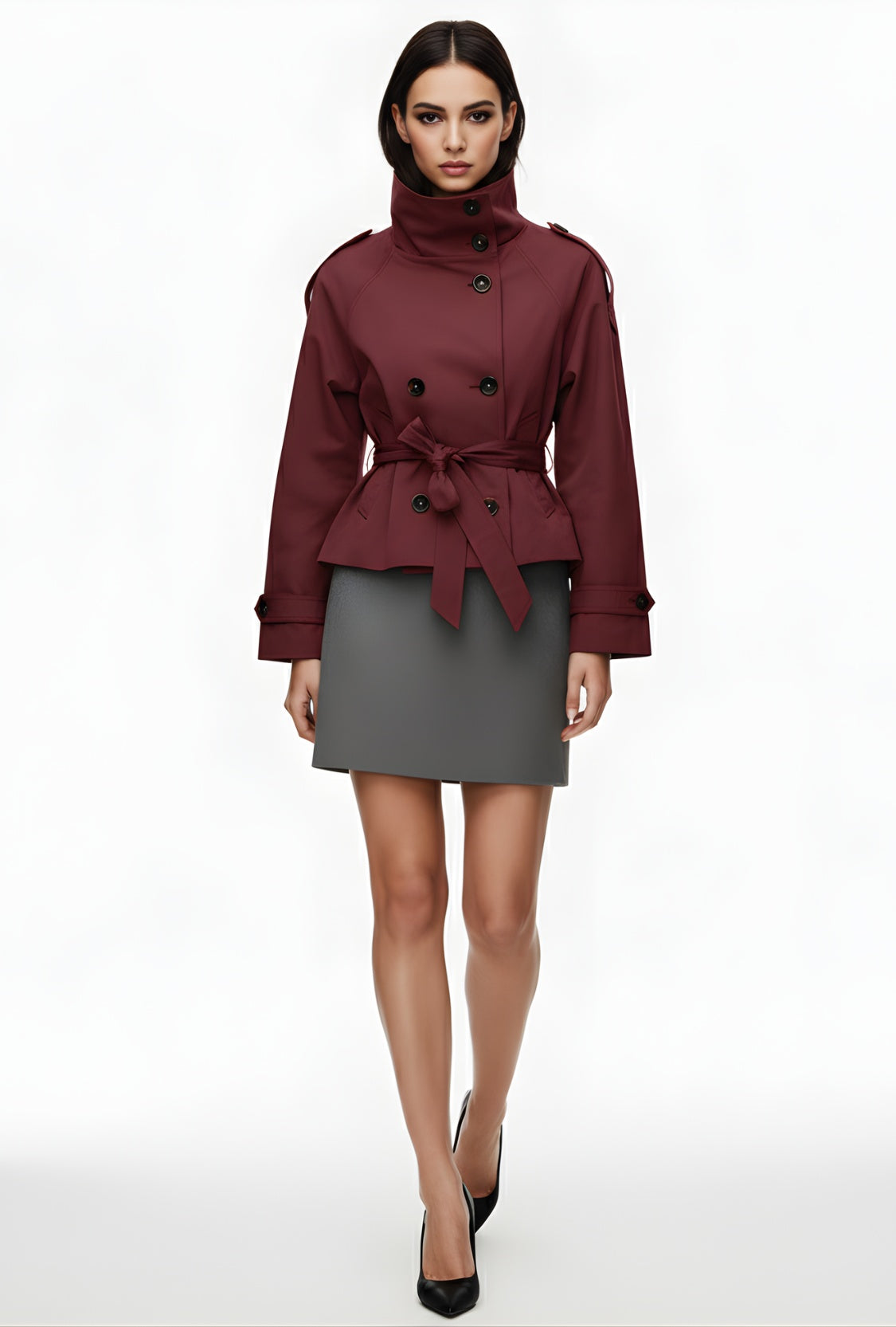 Krótki trencz z paskiem i wysokim kołnierzem o klasycznym kroju