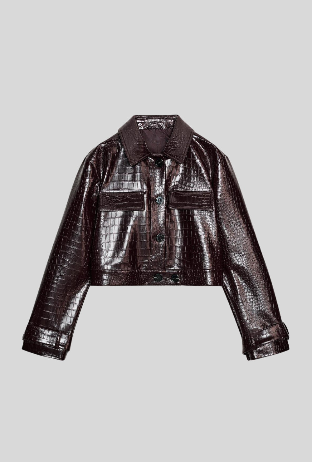 Kurtka krótka z ekologicznej skóry o fakturze krokodyla w kolorze ciemnobrązowym