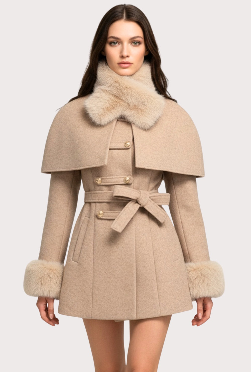 Krótki płaszcz z peleryną i paskiem w talii
