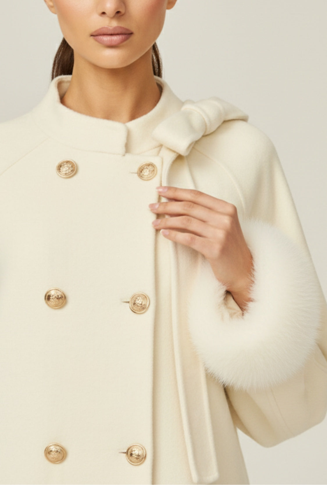 Biały krótki płaszcz z kokardą i futrzanymi mankietami z tkaniny wełnianej