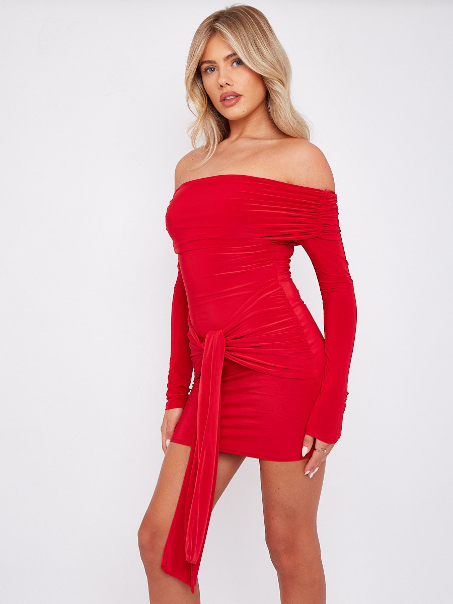 Sukienka mini Bardot z drapowaniem i detalami wiązań