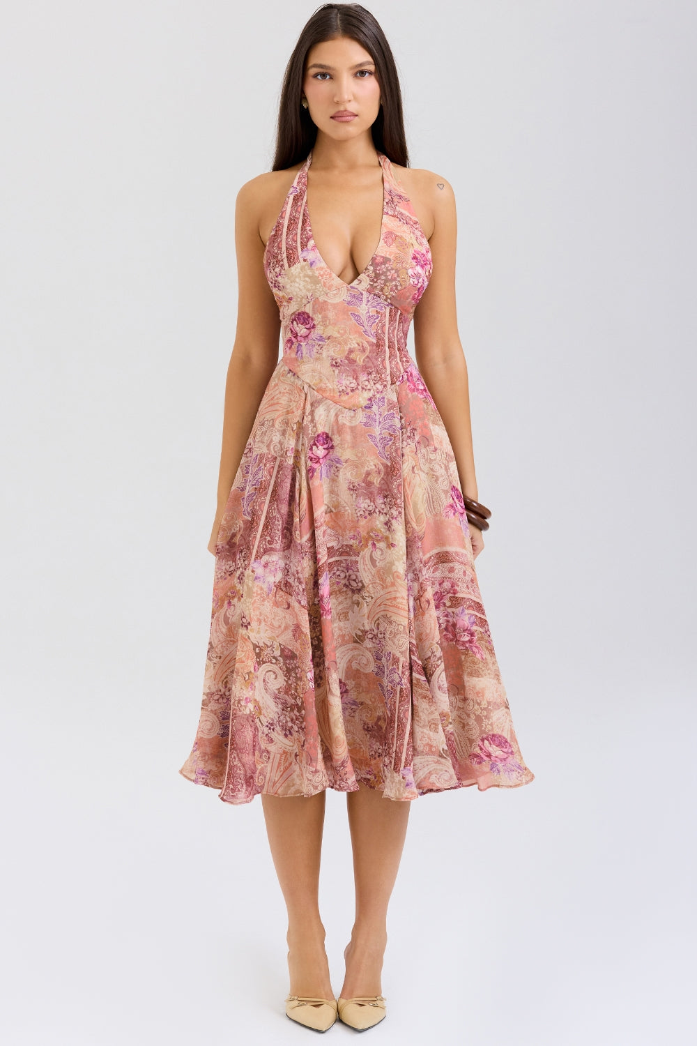 Sukienka midi paisley w stylu vintage z dekoltem halter