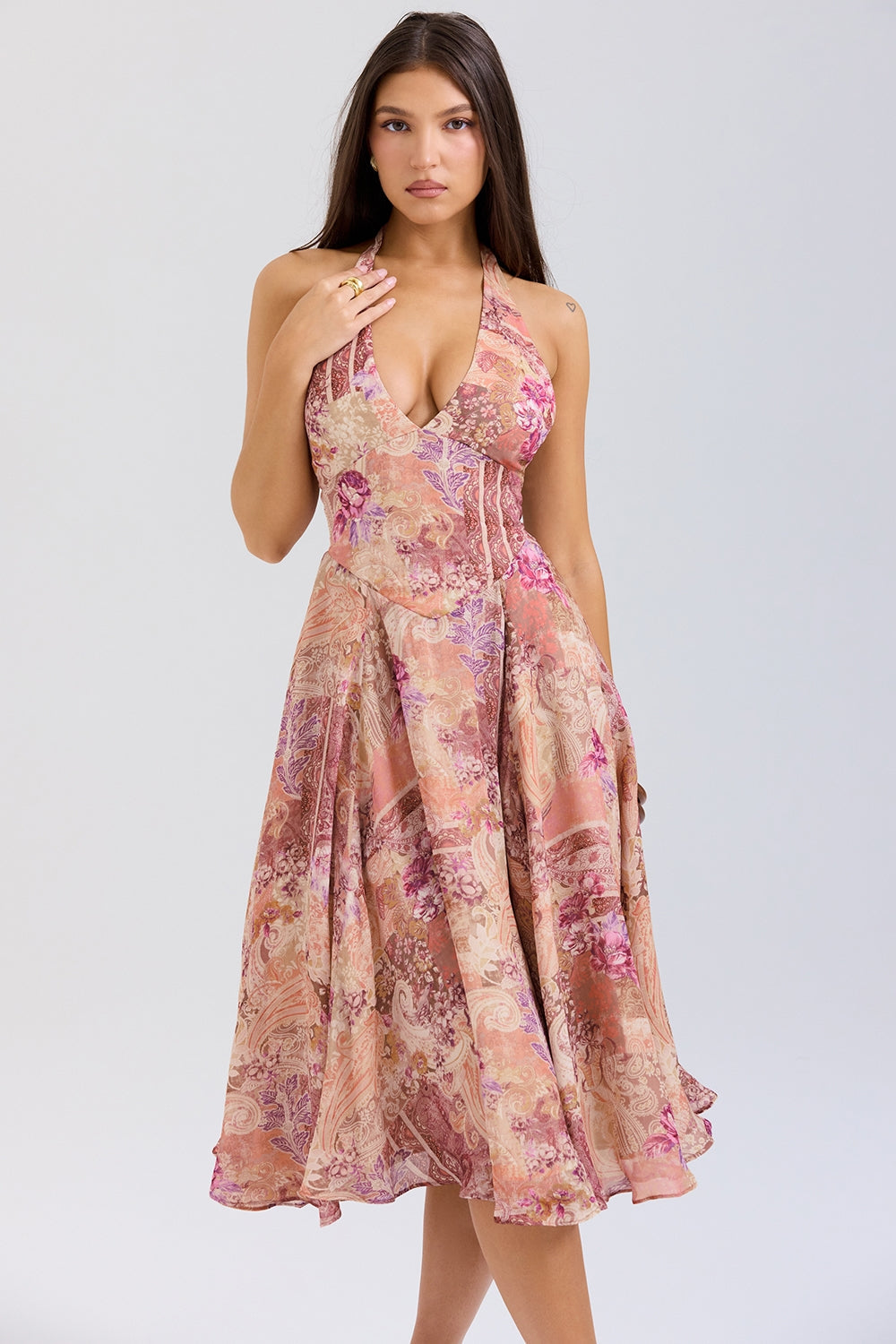 Sukienka midi paisley w stylu vintage z dekoltem halter