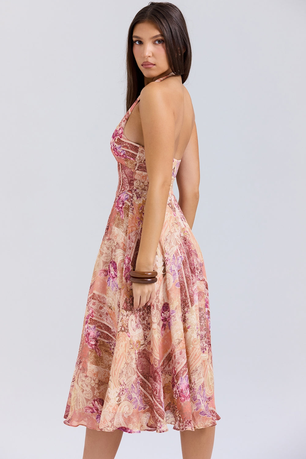 Sukienka midi paisley w stylu vintage z dekoltem halter