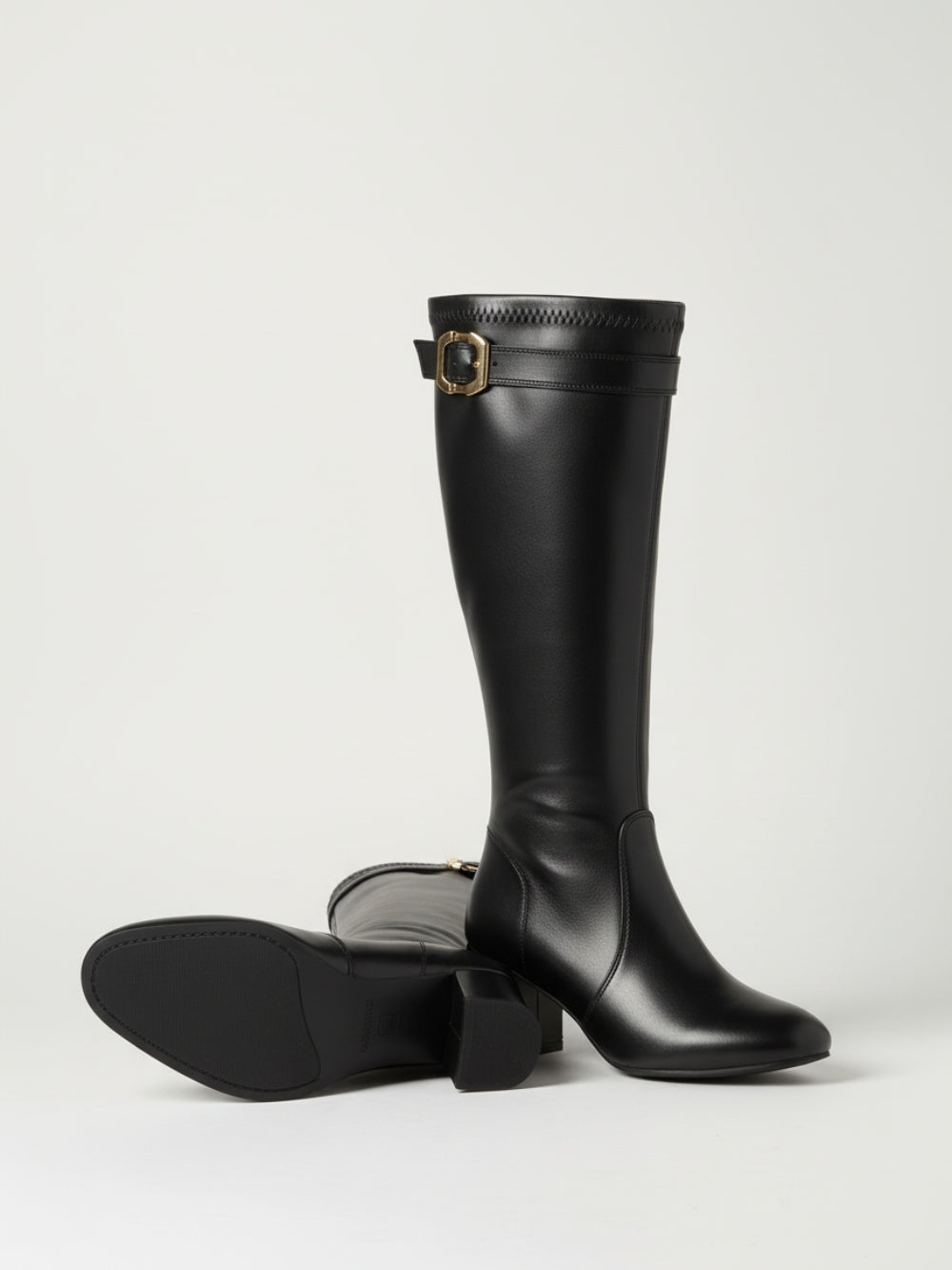 Kozaki na słupku przed kolano ze sztucznej skóry z ozdobnym paskiem z klamrą i suwakiem z tyłu