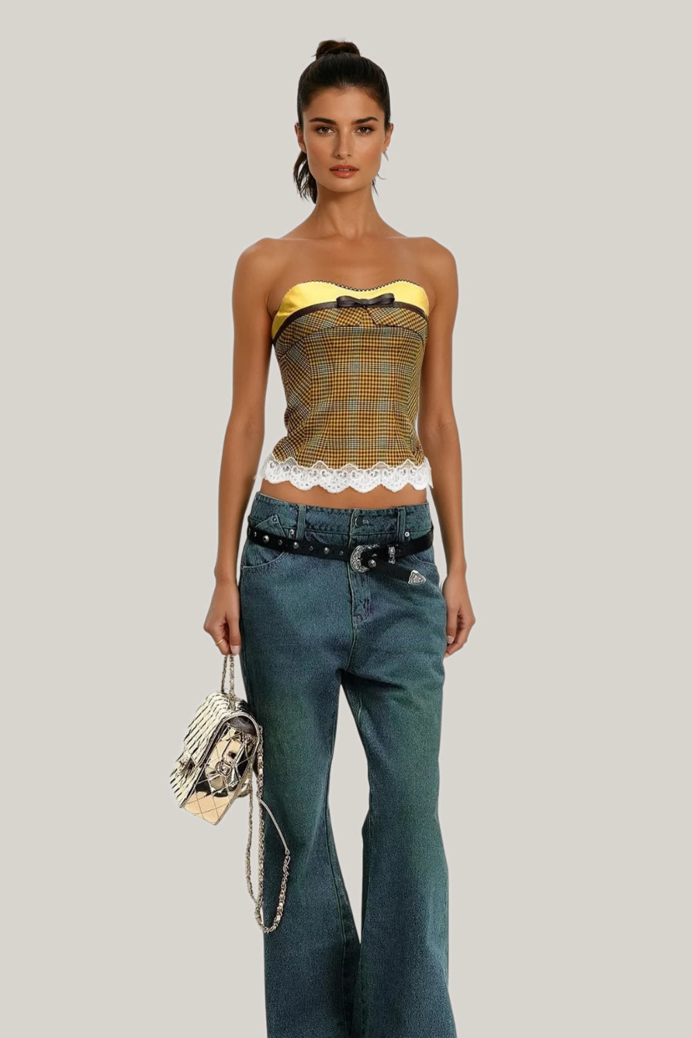 Gorsetowy top w kratkę z koronkowym wykończeniem i satynowym panelem