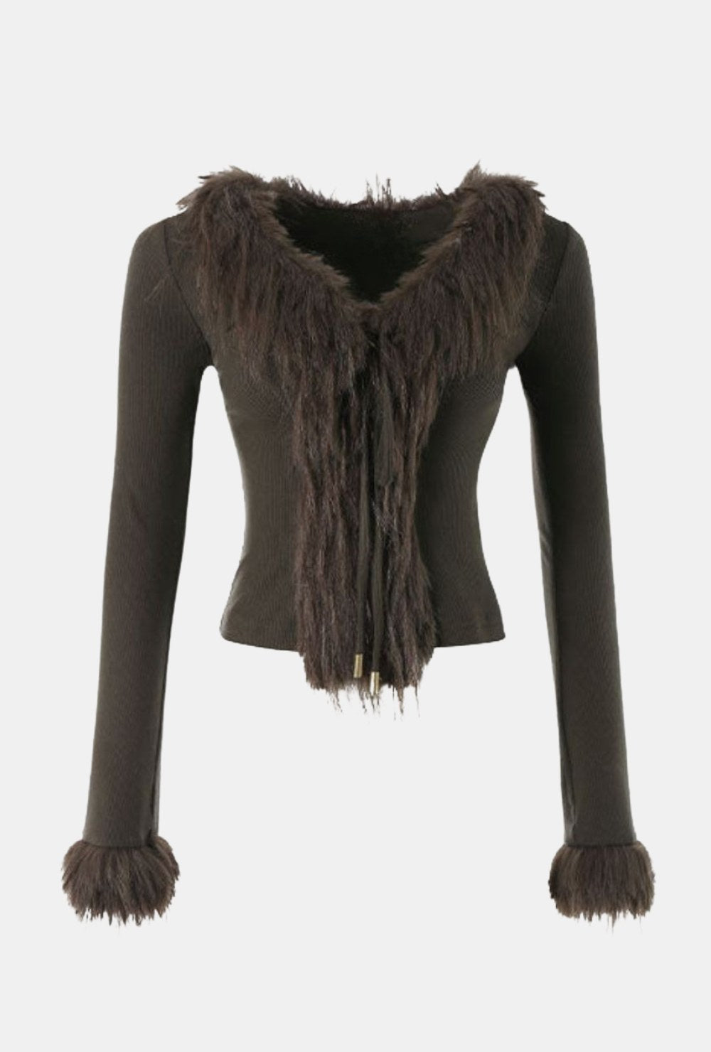 Dzianinowy kardigan z futrzanym kołnierzem i mankietami