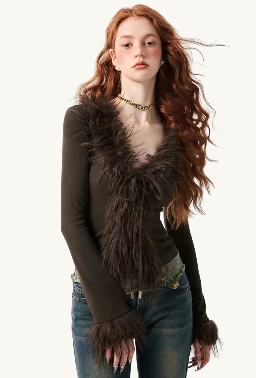 Dzianinowy kardigan z futrzanym kołnierzem i mankietami