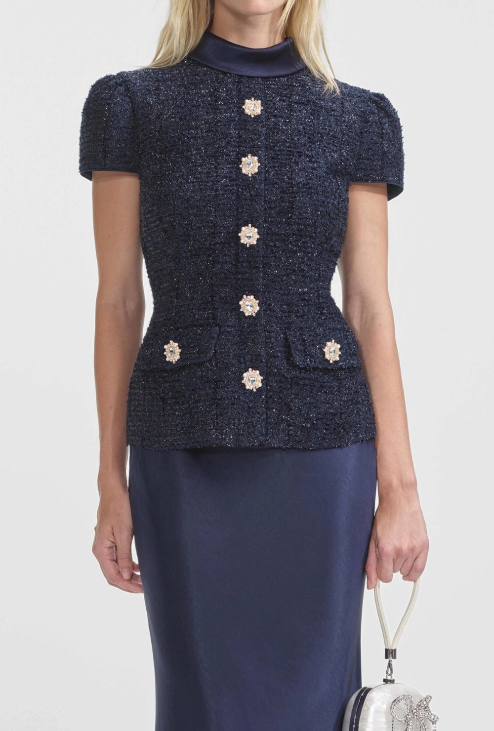 Granatowy Komplet z Tweedową Ozdobną Górą i Satynową Długą Spódnicą(images done)