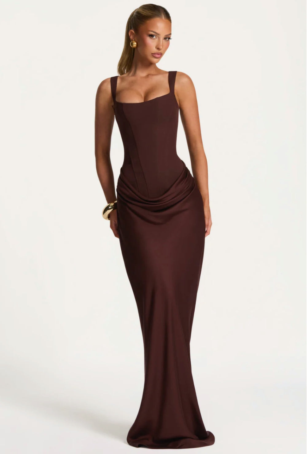 Dopasowana sukienka maxi z gorsetową górą z wiązaniem na plecach i drapowaną talią