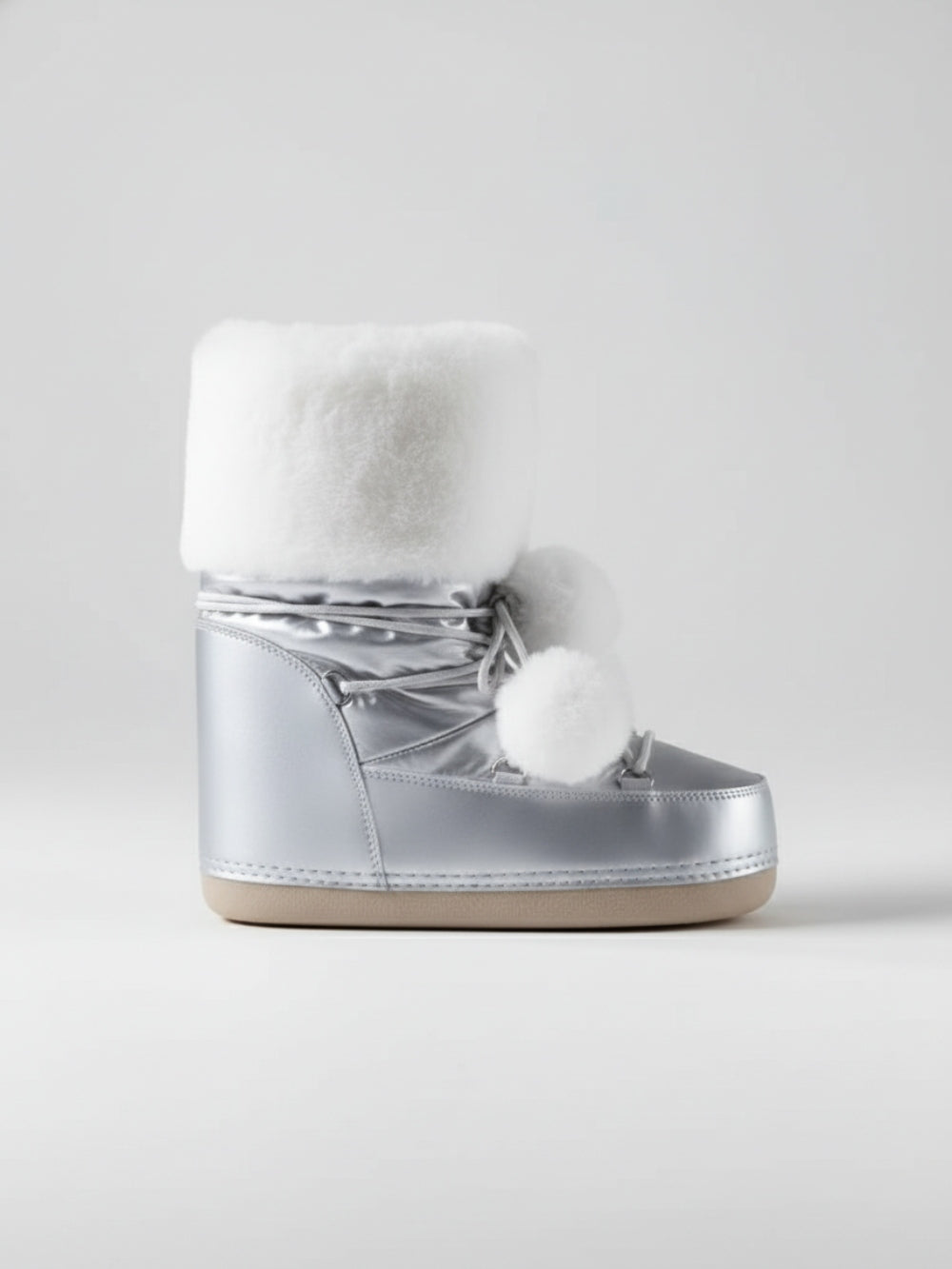 Śniegowce z futrzanym mankietem i pomponami na sznurowanie