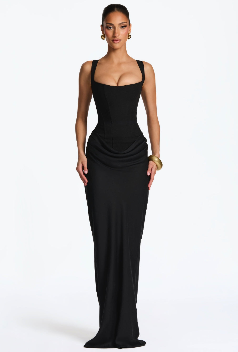 Dopasowana sukienka maxi z gorsetową górą z wiązaniem na plecach i drapowaną talią