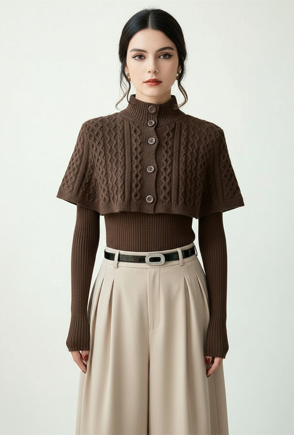 Sweter z golfem i krótką narzutką o splocie warkoczowym