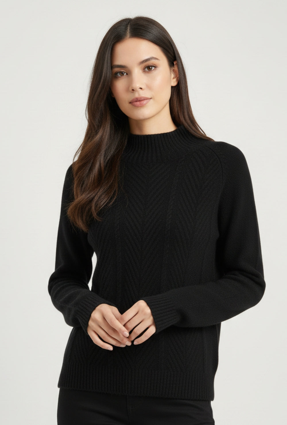 Sweter z dzianiny o prostym kroju z półgolfem i strukturą jodełki z wełnianej mieszanki