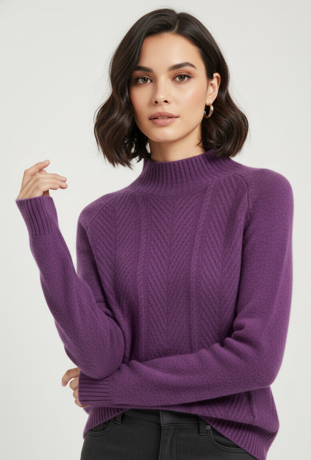 Sweter z dzianiny o prostym kroju z półgolfem i strukturą jodełki z wełnianej mieszanki