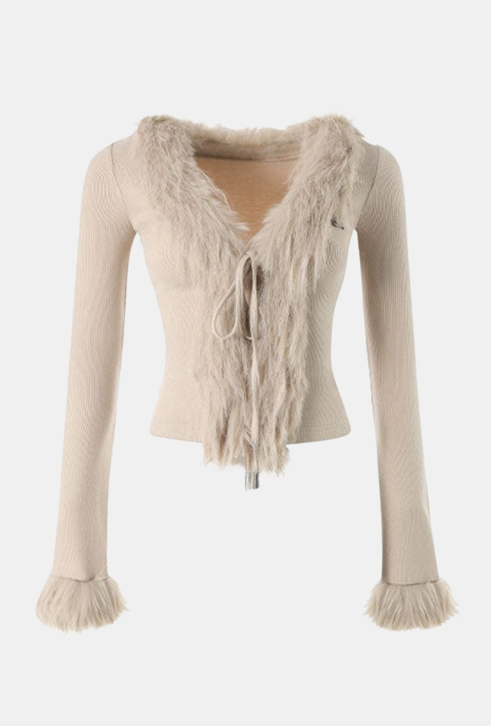 Dzianinowy kardigan z futrzanym kołnierzem i mankietami