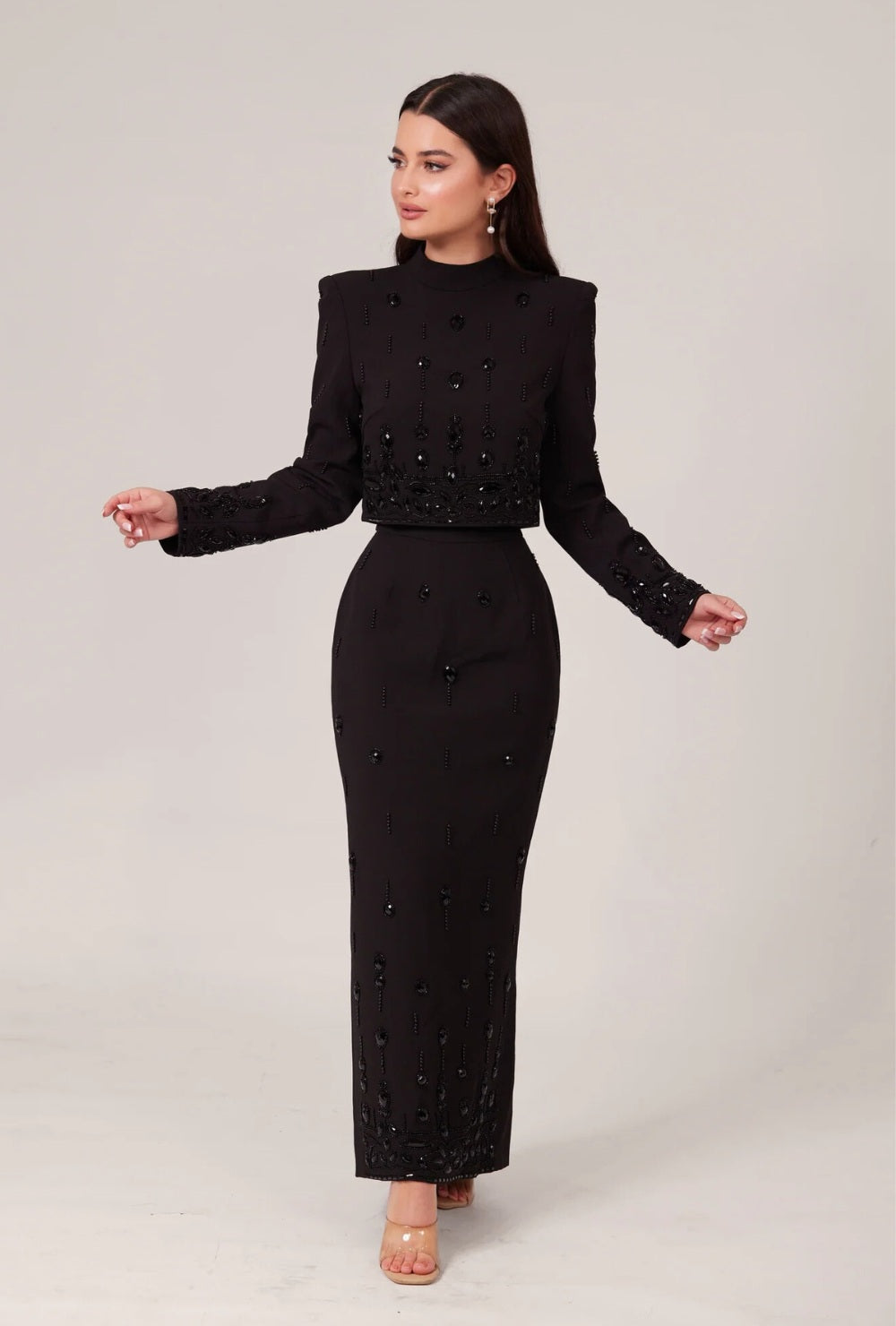 Dwuczęściowy Zestaw z Długim Rękawem i Aplikacjami w Stylu Kryształowym