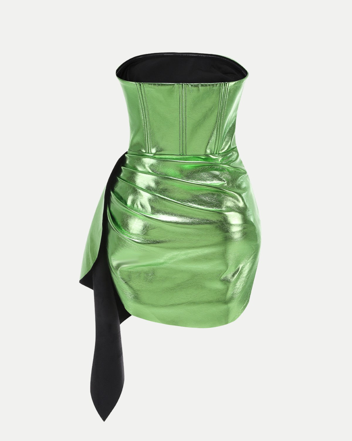 Metaliczna zielona sukienka mini bez ramiączek z drapowanym detalem z boku.