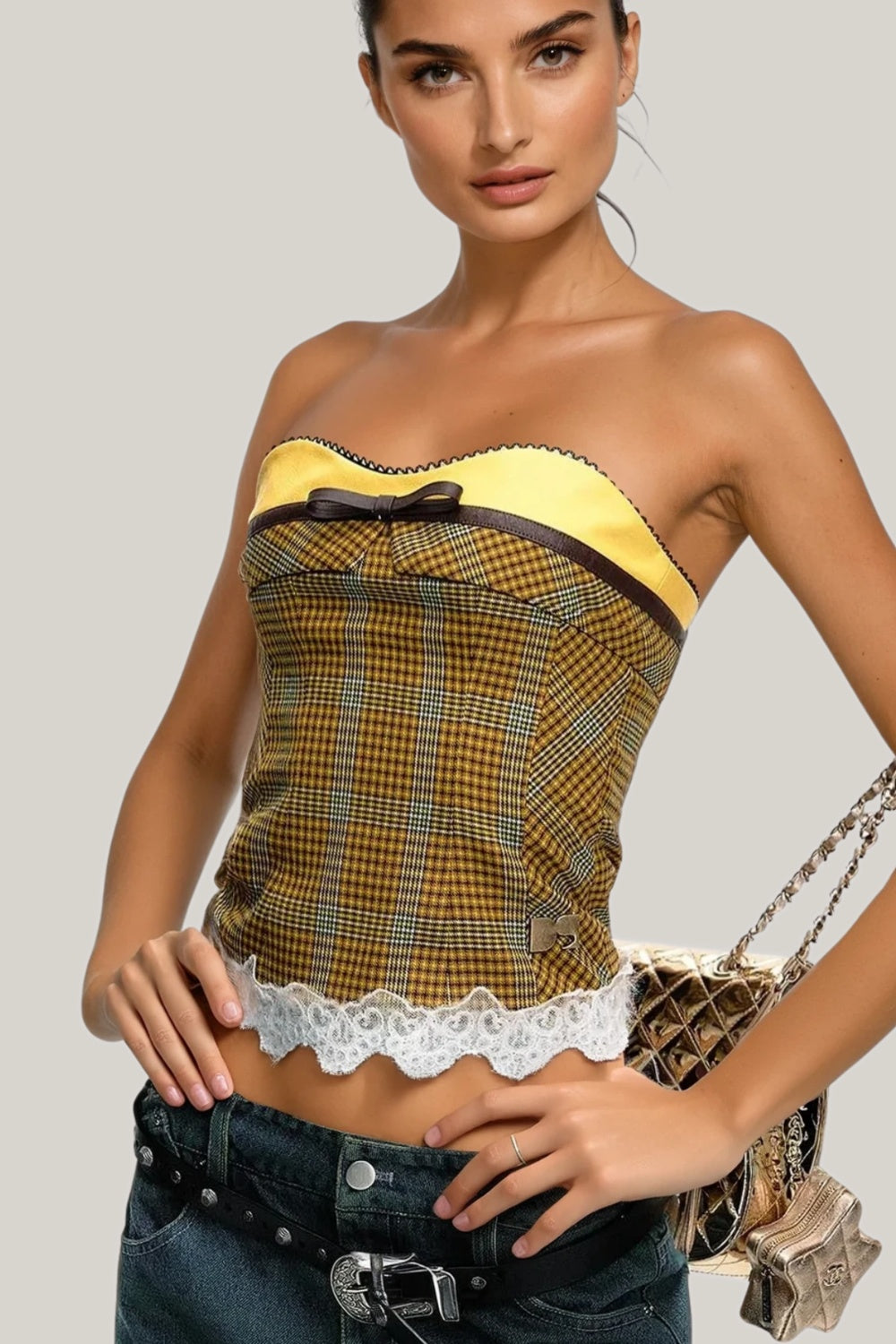 Gorsetowy top w kratkę z koronkowym wykończeniem i satynowym panelem