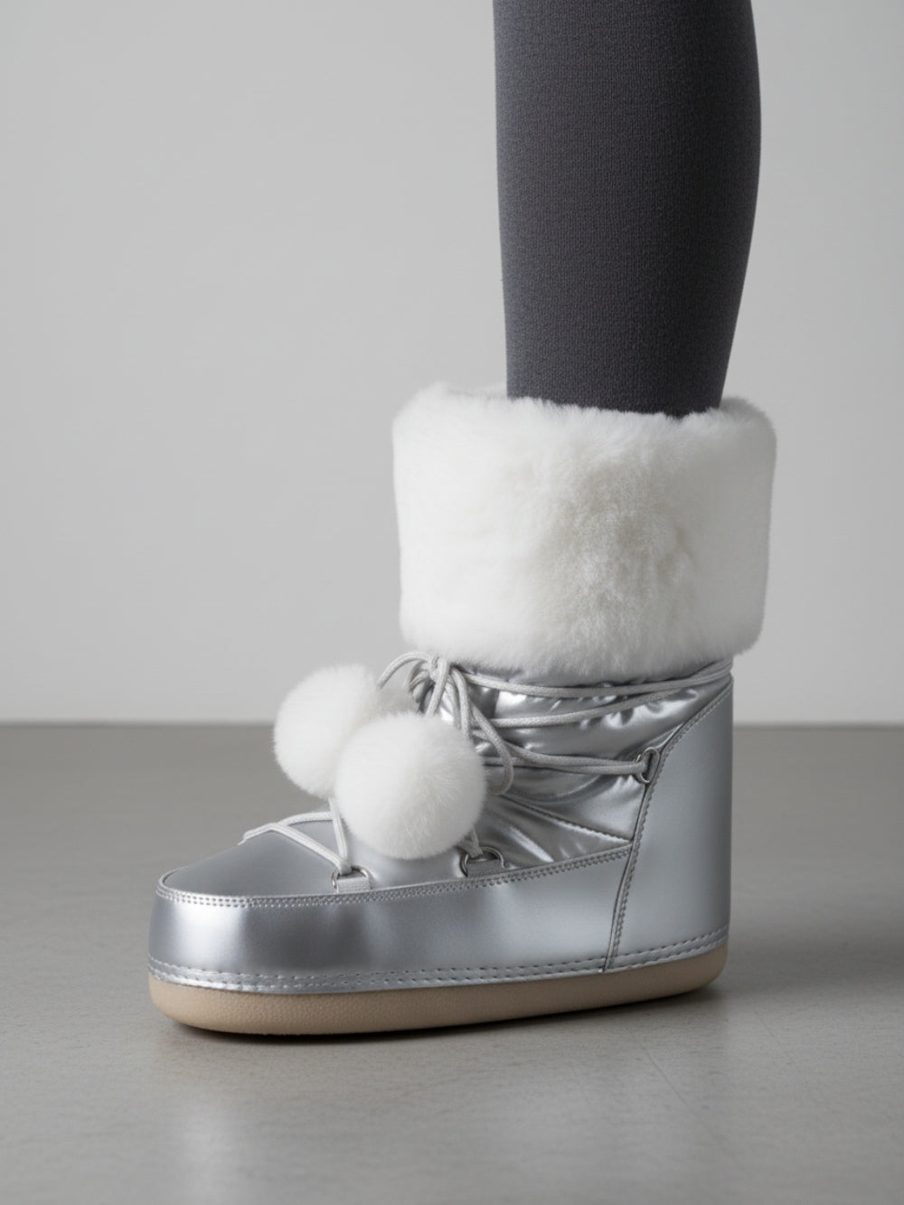 Śniegowce z futrzanym mankietem i pomponami na sznurowanie