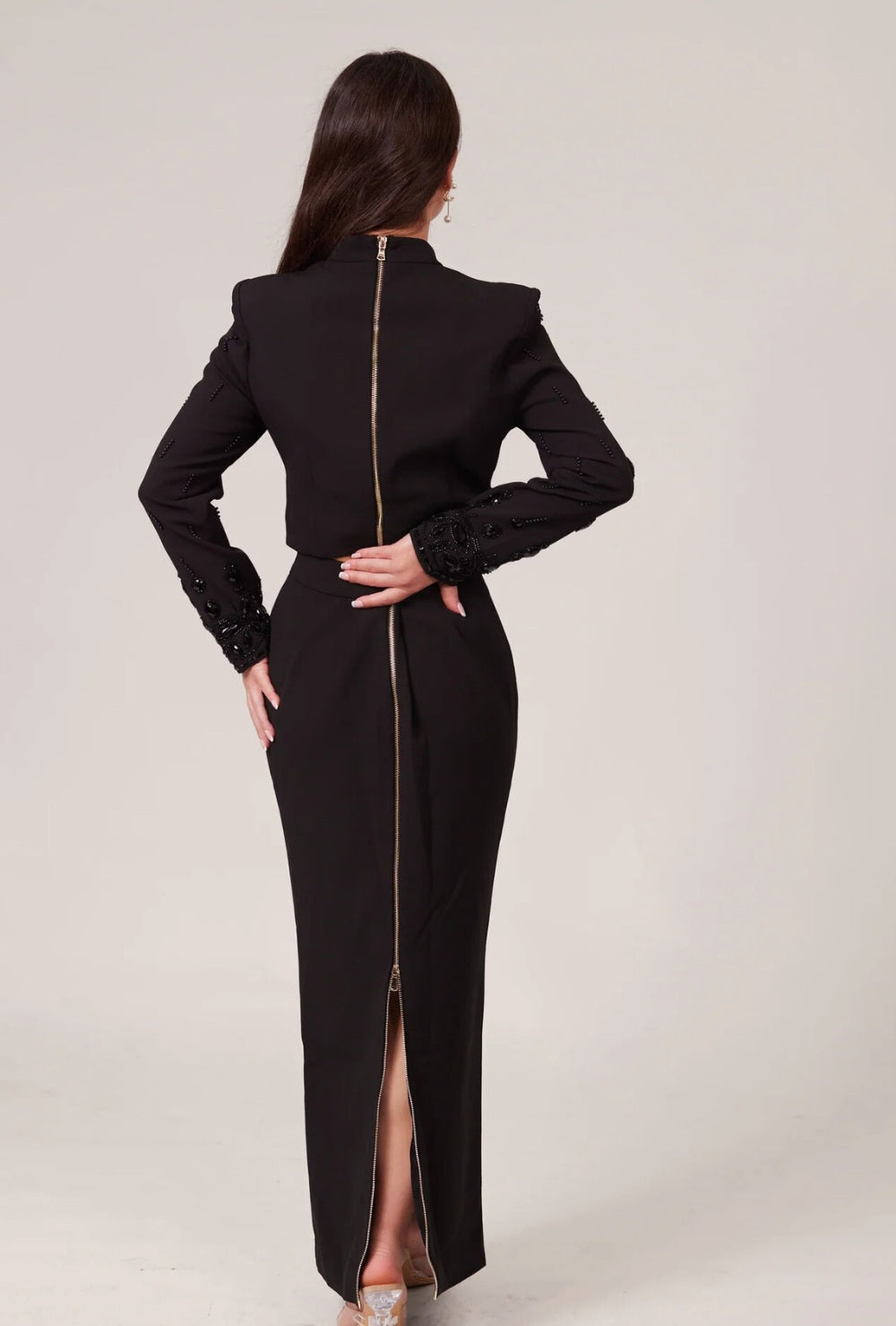 Dwuczęściowy Zestaw z Długim Rękawem i Aplikacjami w Stylu Kryształowym