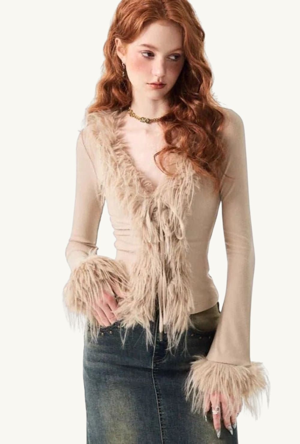 Dzianinowy kardigan z futrzanym kołnierzem i mankietami