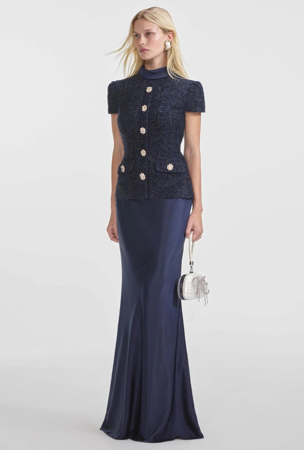 Granatowy Komplet z Tweedową Ozdobną Górą i Satynową Długą Spódnicą(images done)