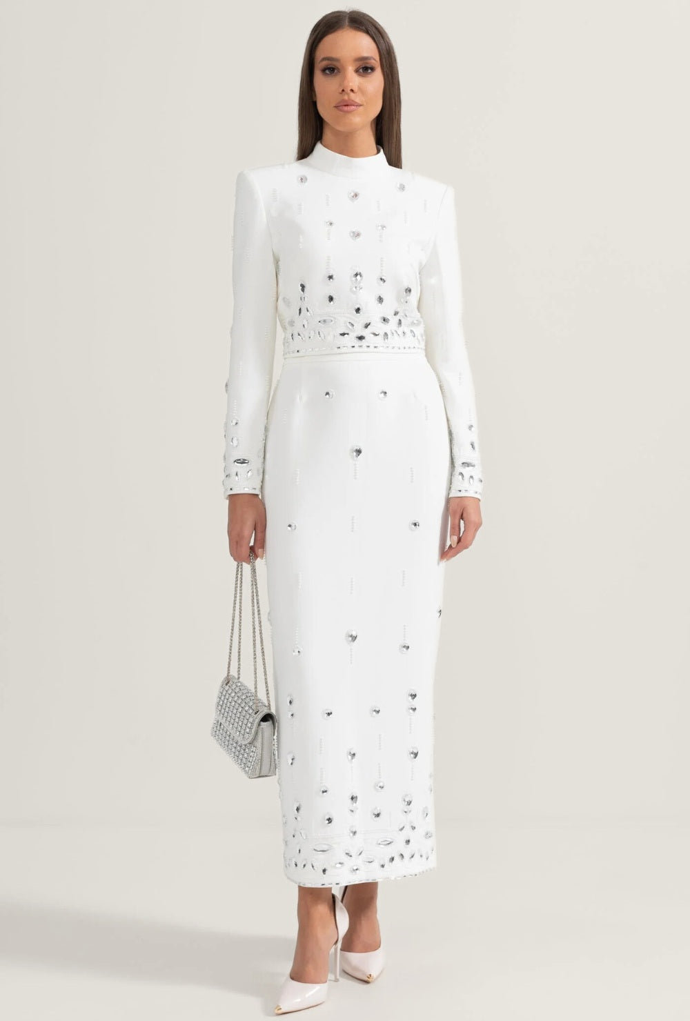 Dwuczęściowy Zestaw z Długim Rękawem i Aplikacjami w Stylu Kryształowym