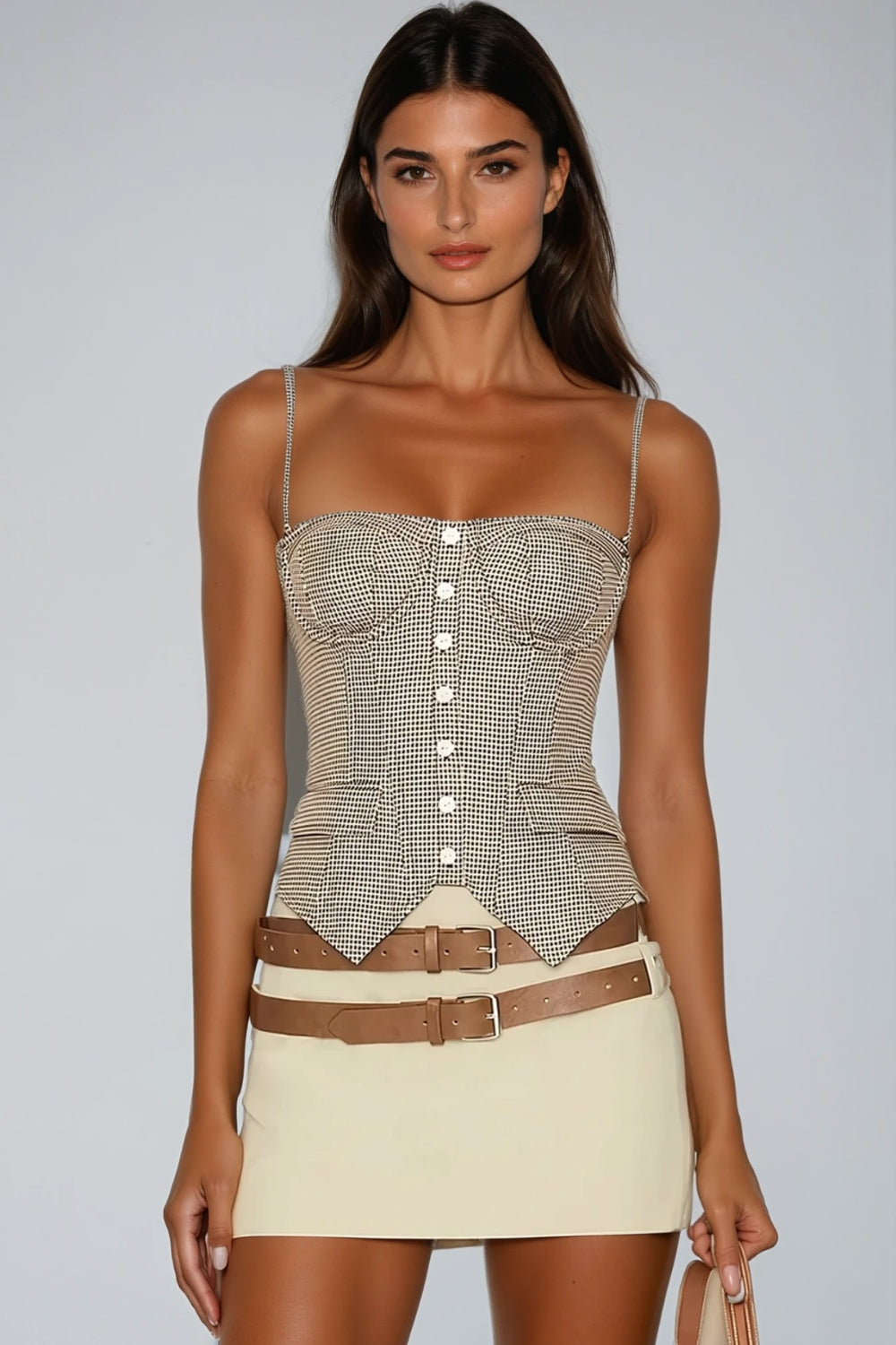 Beżowy top gorsetowy w kratkę pepitkę z cienkimi ramiączkami