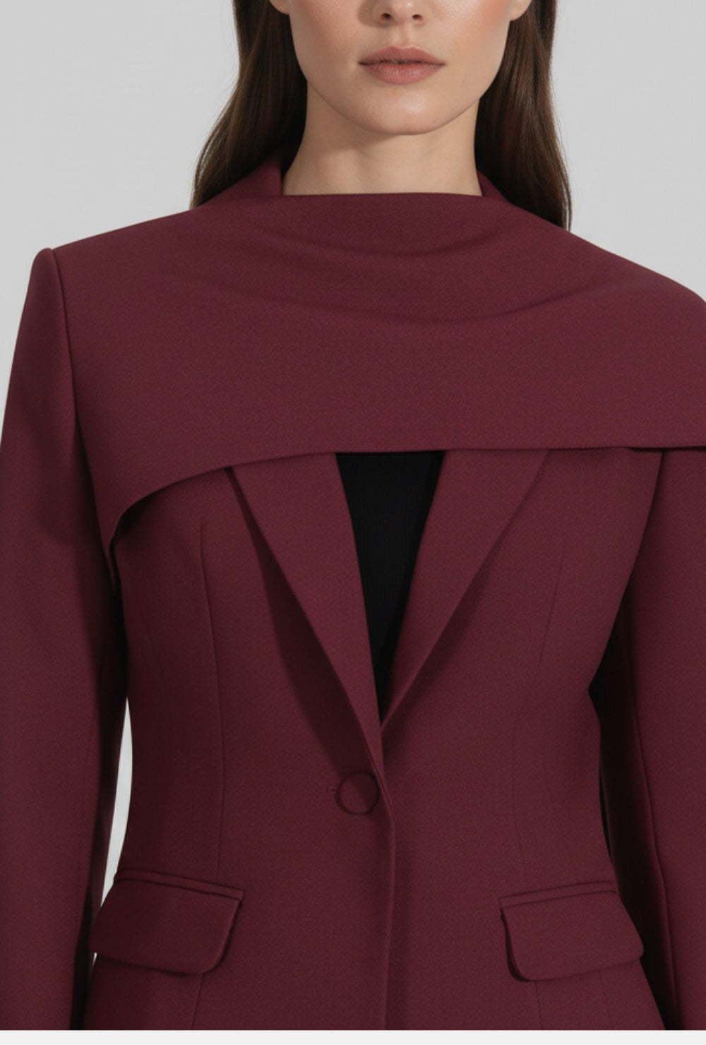 Burgundowa marynarka z dopasowanym krojem i narzutką w formie szala