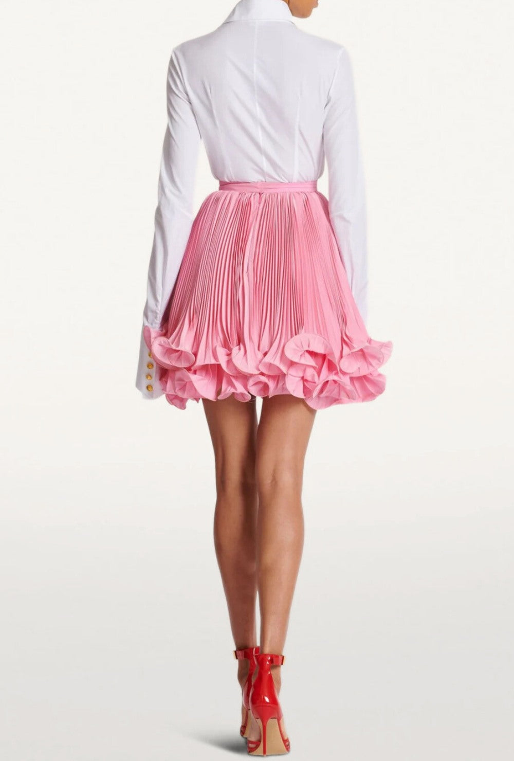 Różowa plisowana mini spódnica z falbankowym wykończeniem