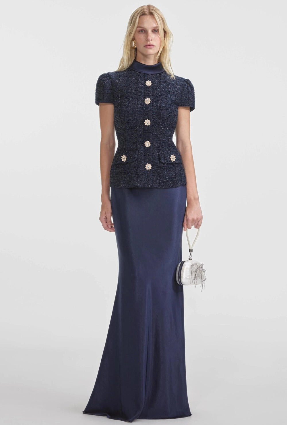 Granatowy Komplet z Tweedową Ozdobną Górą i Satynową Długą Spódnicą(images done)