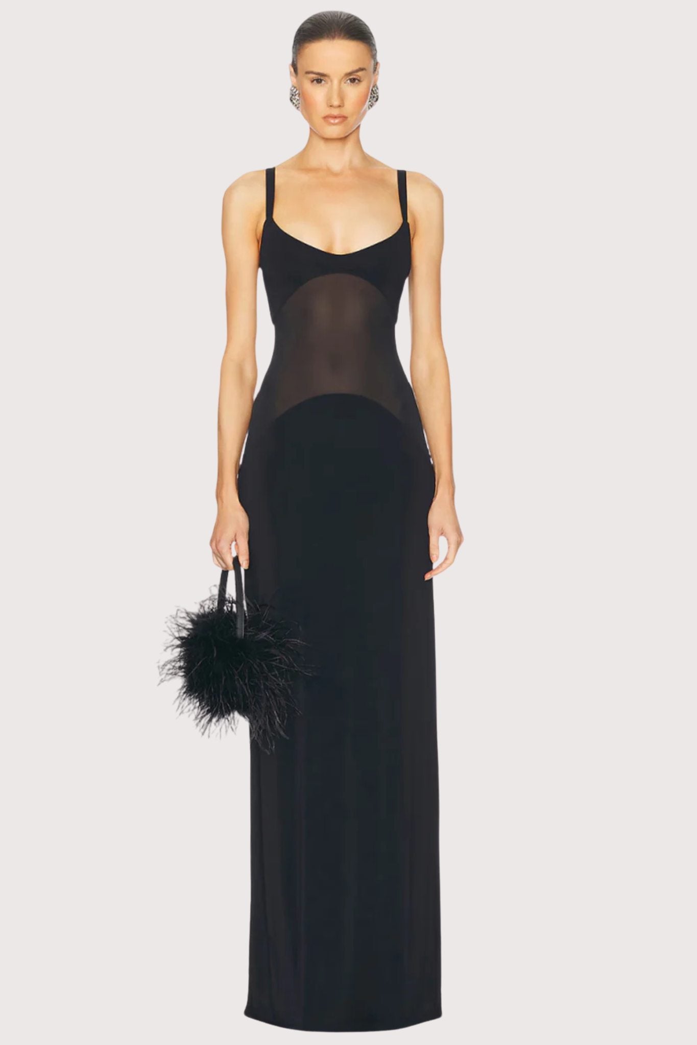 Dopasowana sukienka maxi z elastycznego materiału z siateczkowymi wstawkami i modelującym cięciem