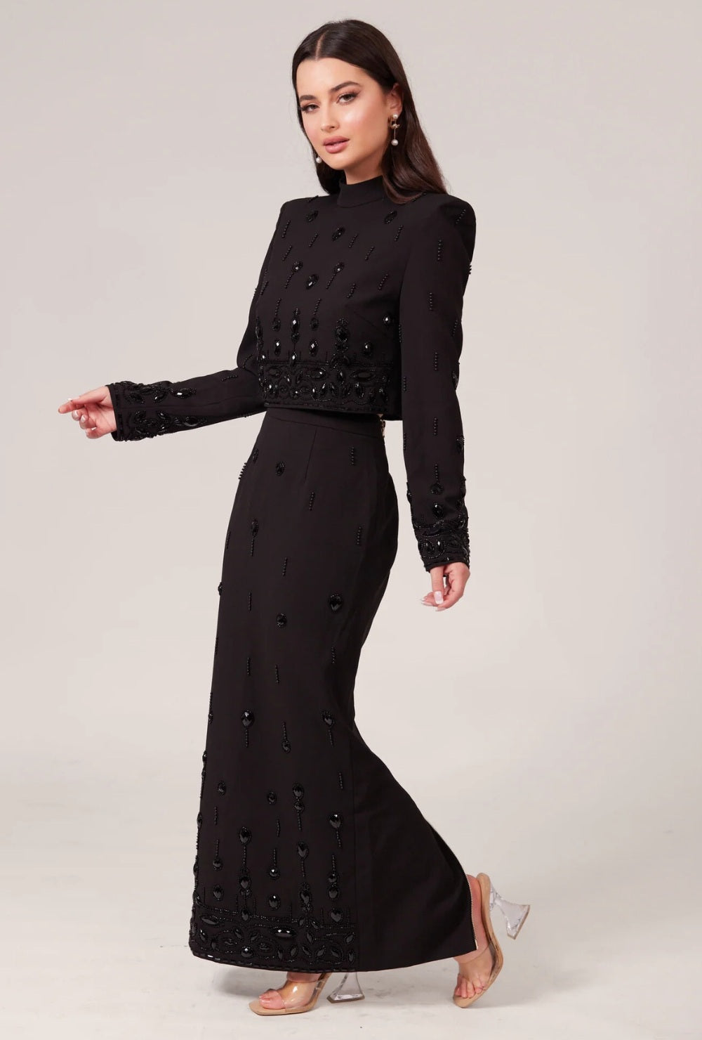 Dwuczęściowy Zestaw z Długim Rękawem i Aplikacjami w Stylu Kryształowym