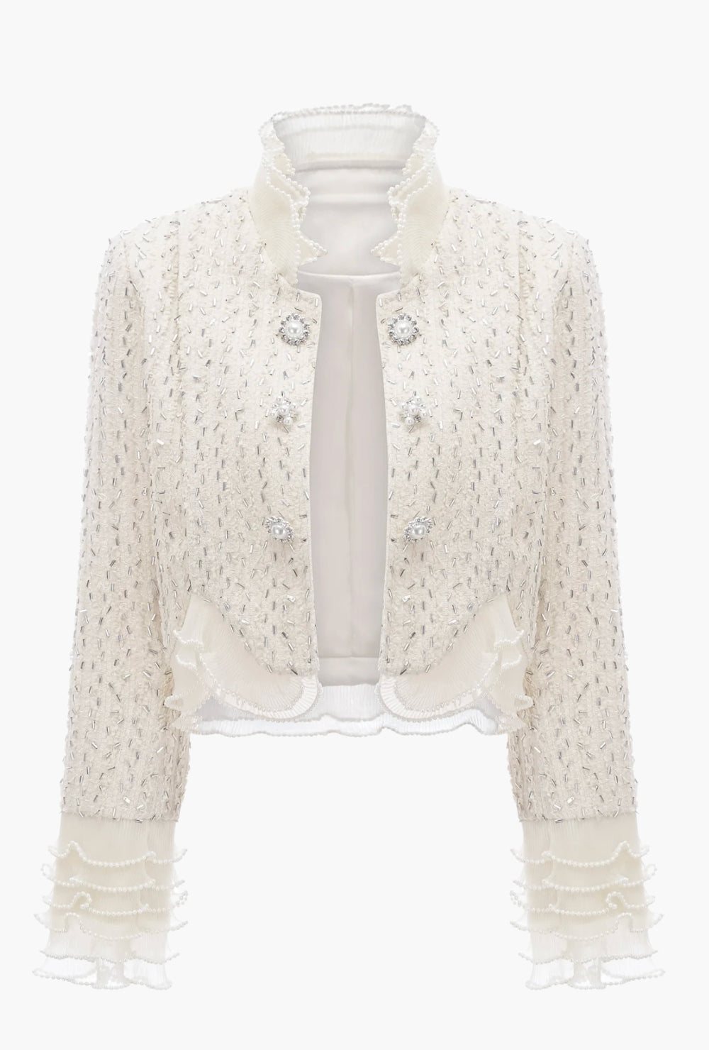 Biała krótka marynarka boucle ze zdobieniami ze sztucznych pereł i falbankowym kołnierzem