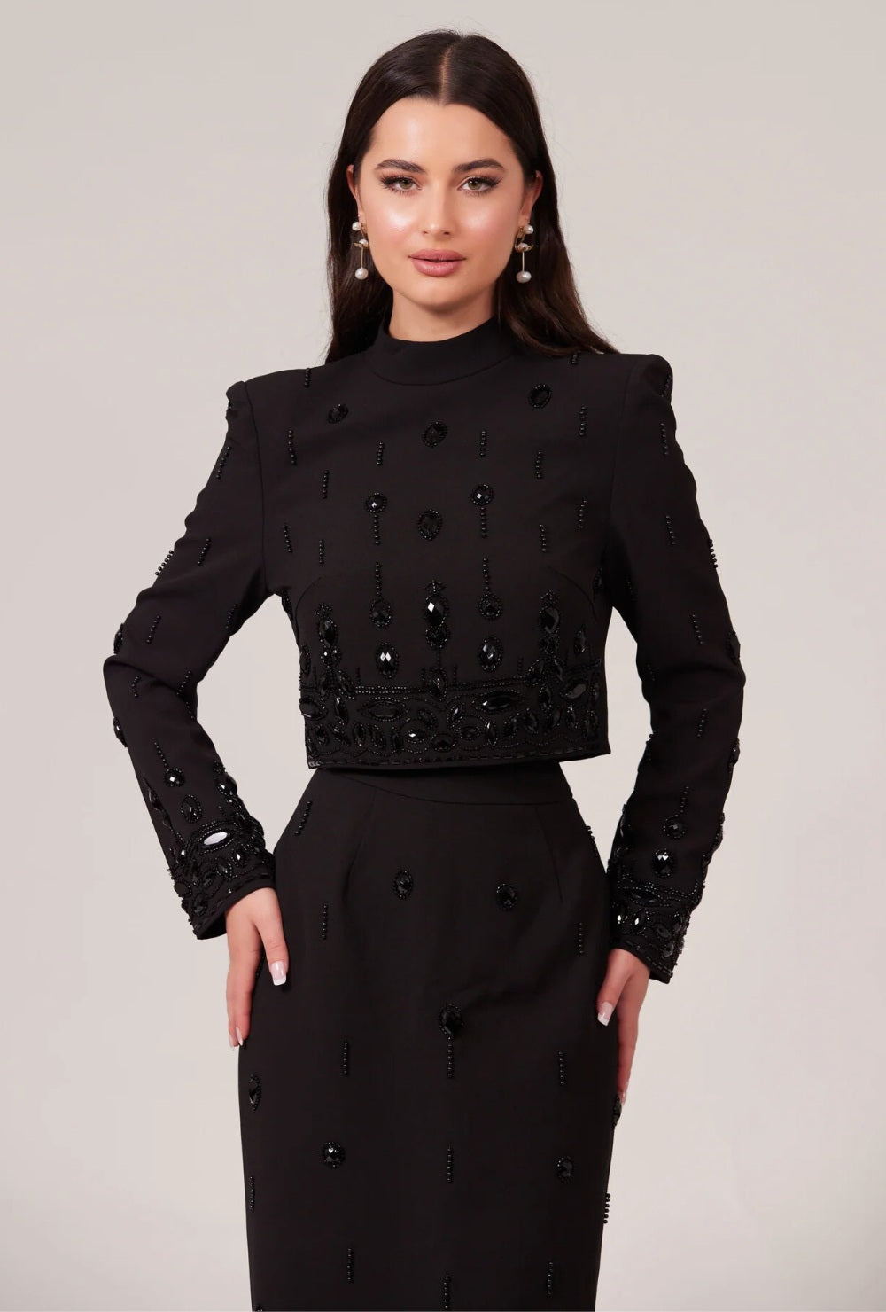 Dwuczęściowy Zestaw z Długim Rękawem i Aplikacjami w Stylu Kryształowym