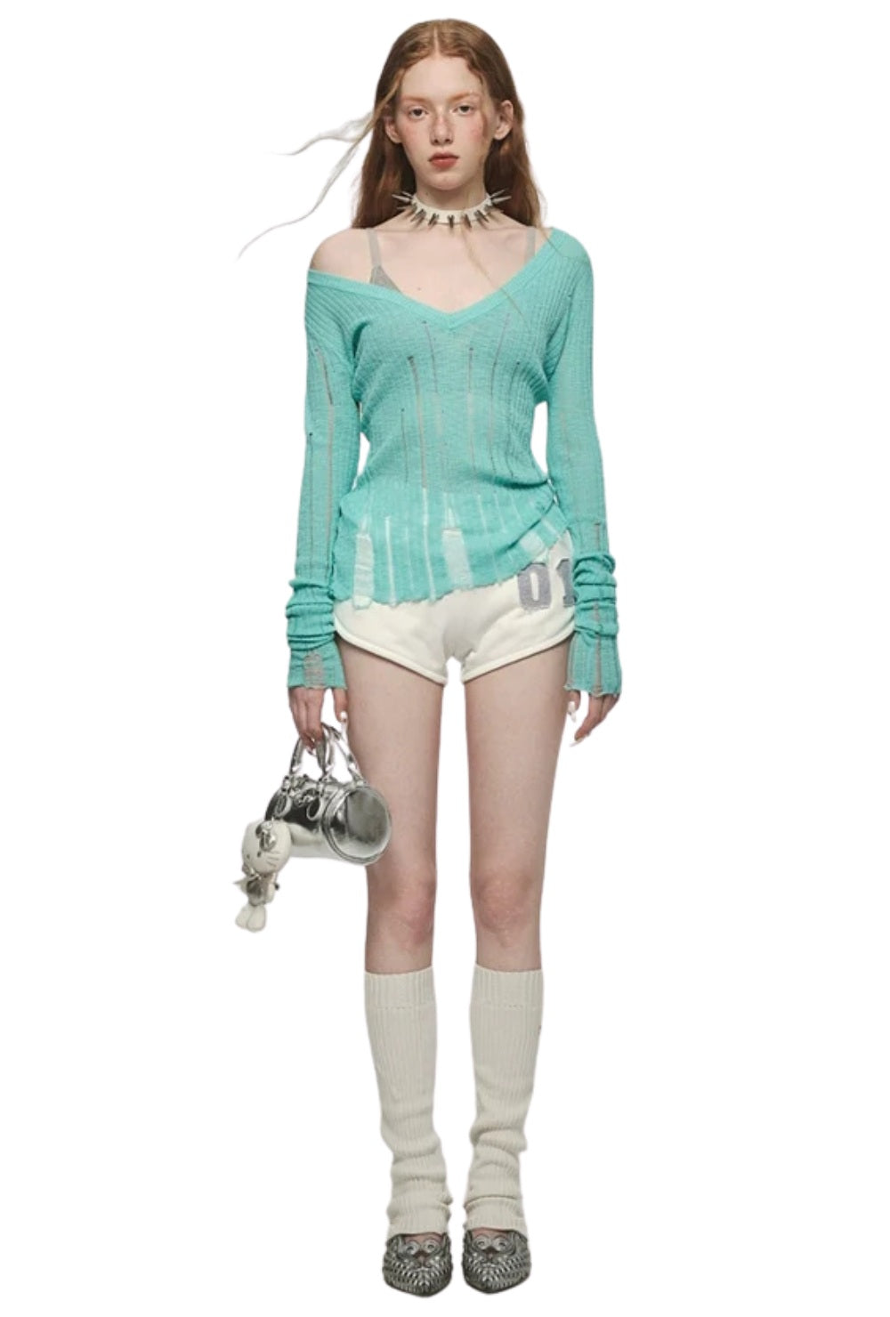 Bluzka z prążkowanej dzianiny z dekonstruowanym efektem i dekoltem w serek