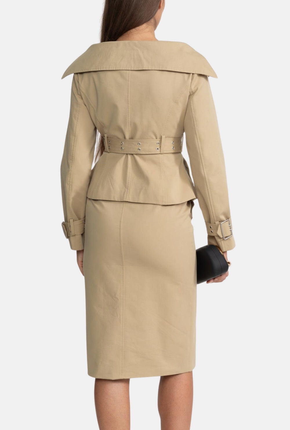 Khaki komplet trenczowy z odkrytymi ramionami, baskinką i ołówkową spódnicą